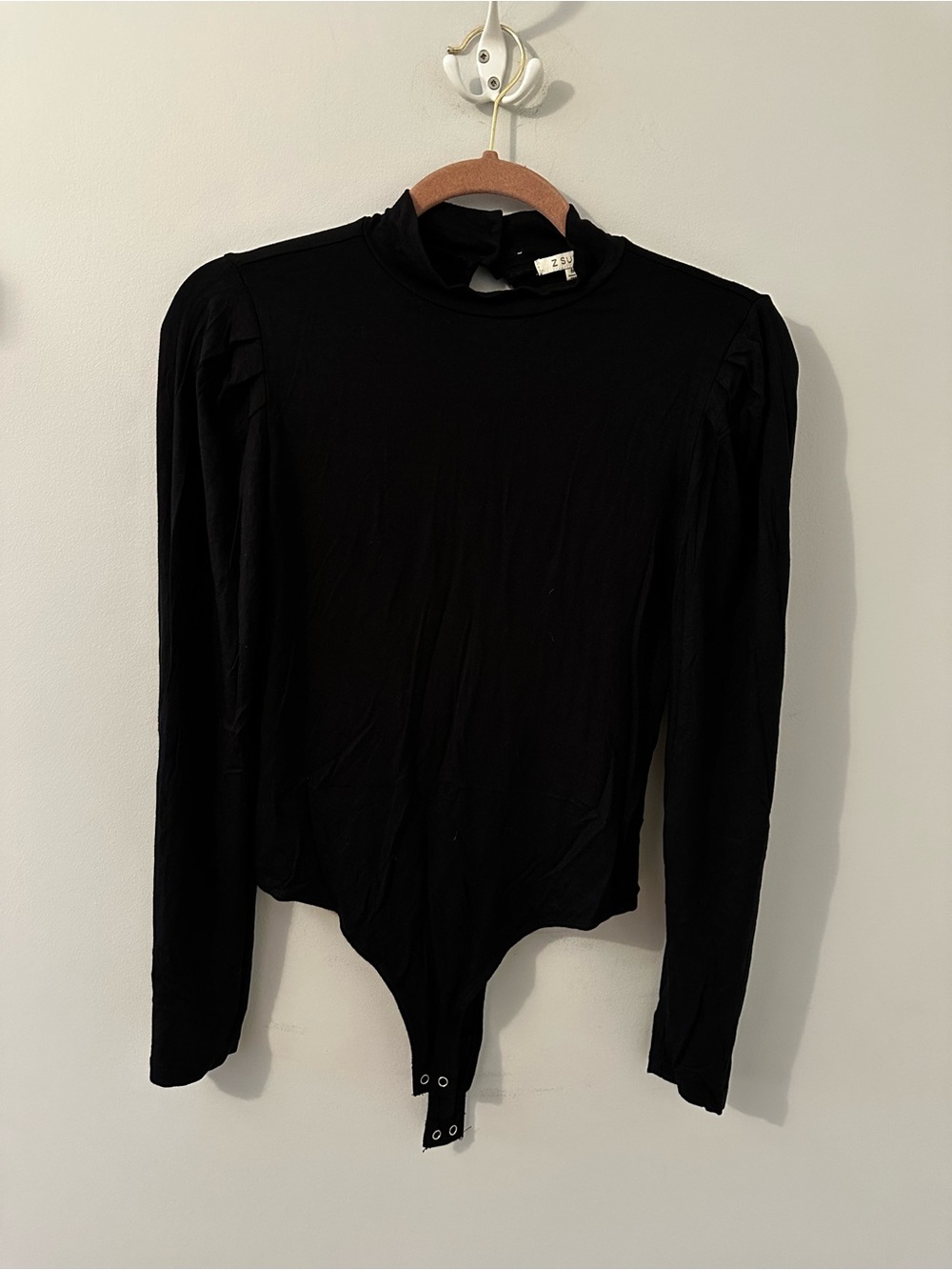 Z Supply Women's Black Puff Sleeve Long-Sleeve Mock Neck Bodysuit with Snap Hem